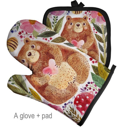 2020 New Cartoon Animal Series Baking Gloves And Insulation Pads Kitchen Gloves Polyester Cooking Microwave Glove Oven Mitts