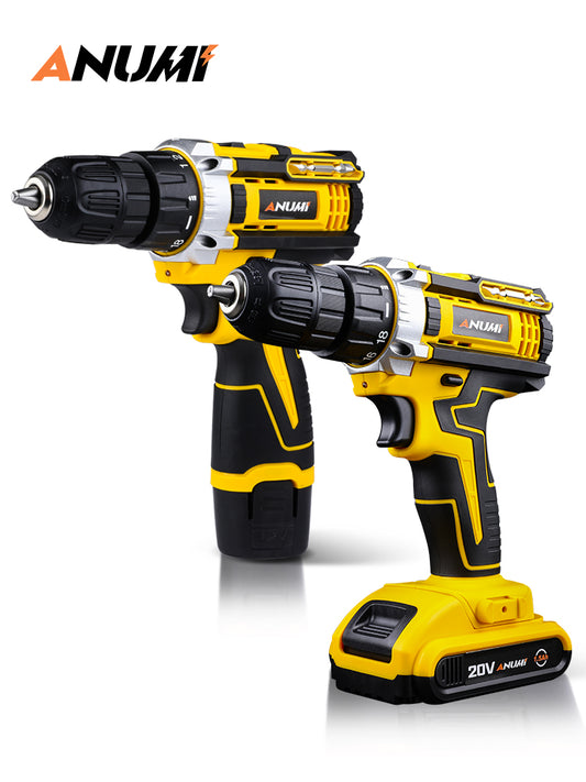 ANUMI 12V 20V Yellow Cordless Drill Electric Screwdriver Mini Wireless Power Driver DC Lithium-Ion Battery 3/8-Inch