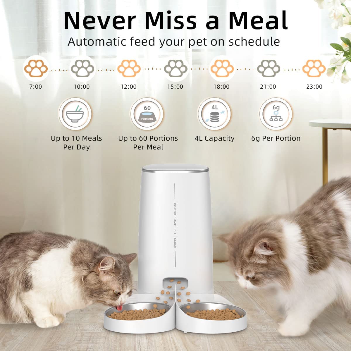 ROJECO WiFi Automatic Cat Feeder Pet Smart Cat Food Kibble Dispenser Remote Control Auto Feeder For Cat Dog Dry Food