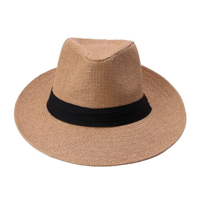 Hot  Fashion Summer Casual Unisex Beach Trilby Large Brim Jazz Sun Hat Panama Hat Paper Straw Women Men Cap With Black  Ribbon