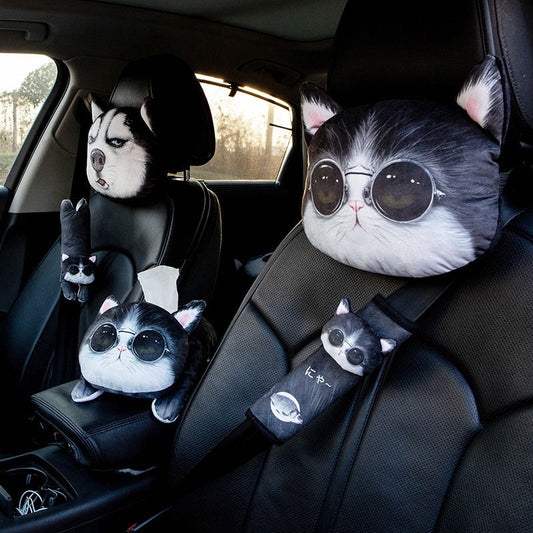 1Pcs Cartoon 3D Creativity Cat and Dog Car Headrest Cute Car Neck Pillow Soft Breathable Pillow Car Accessories Men Women Girls